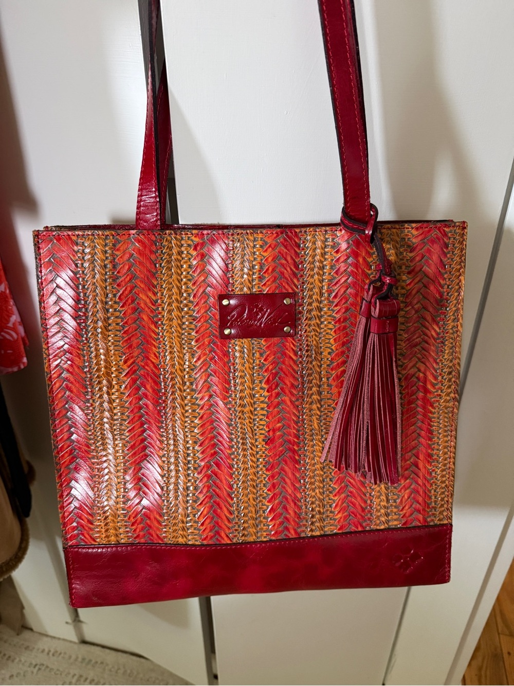 Patricia Nash Woven Red and Tan Leather Tote with Tassel